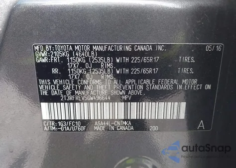 2016 Toyota Rav4 Xle from USA, damaged, VIN 2T3RFREV5GW496644